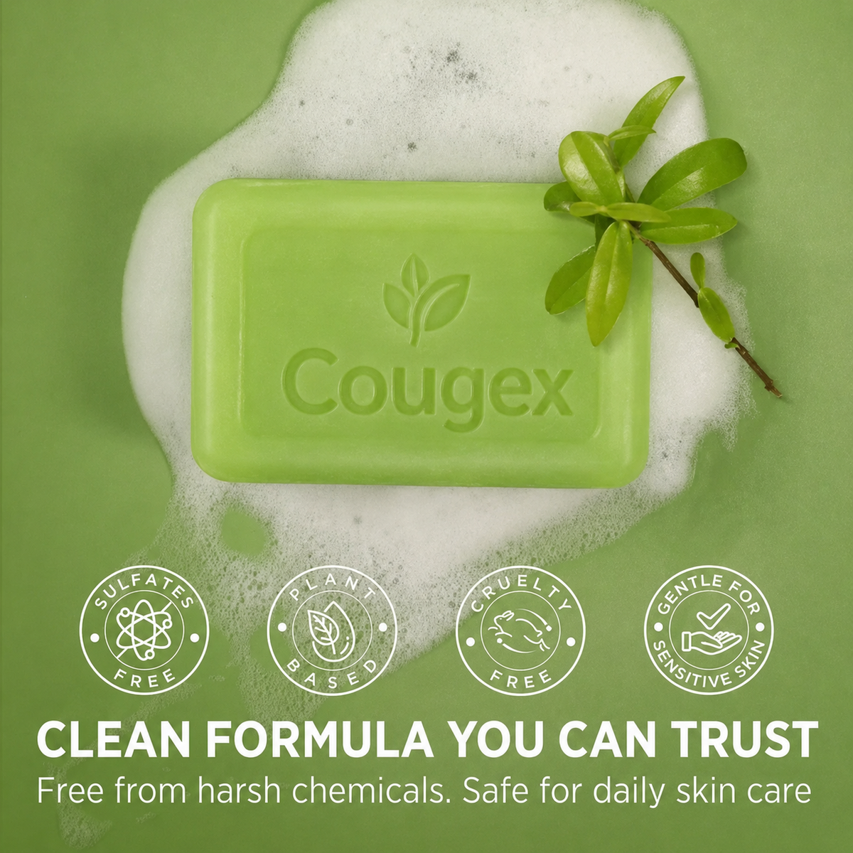 Cougex green cleansing bar surrounded by foam