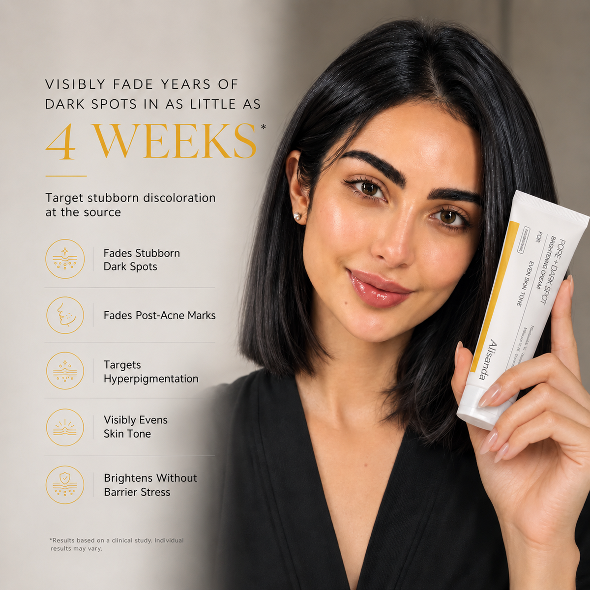 Woman presenting Alisanda Glow Reset Cream and its brightening benefits