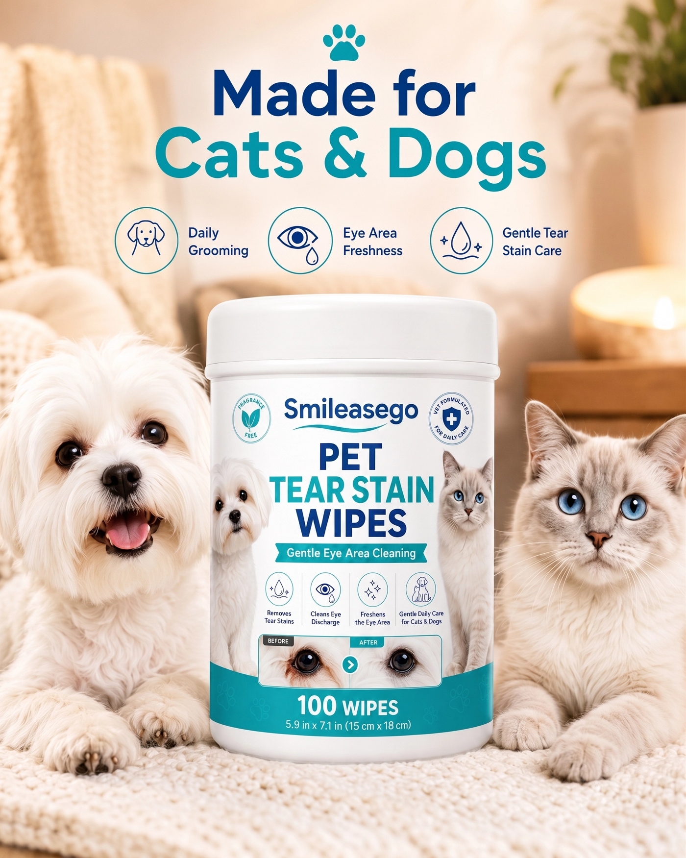 Smileasego Gentle Tear Stain Wipes for cats and dogs